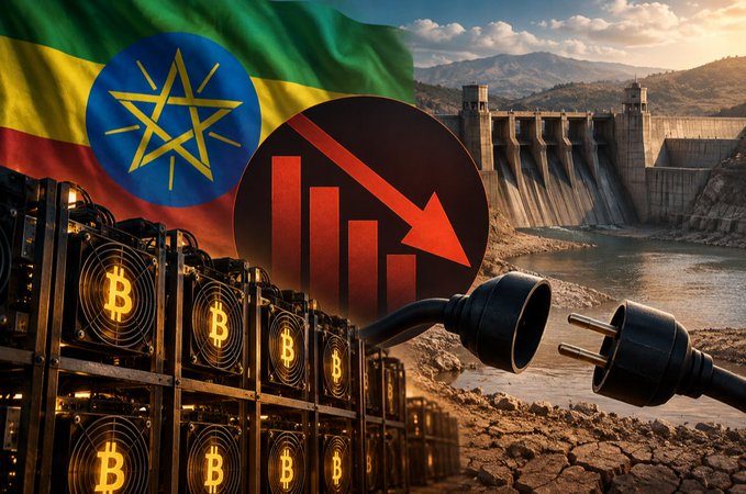 The image shows the Ethiopian flag alongside a Bitcoin mining rig, a downward-trending red chart, and a hydroelectric dam with a disconnected electrical plug, visually representing Ethiopia's 75% power cut to Bitcoin miners due to reduced water inflows from El Niño-affected hydroelectric dams.