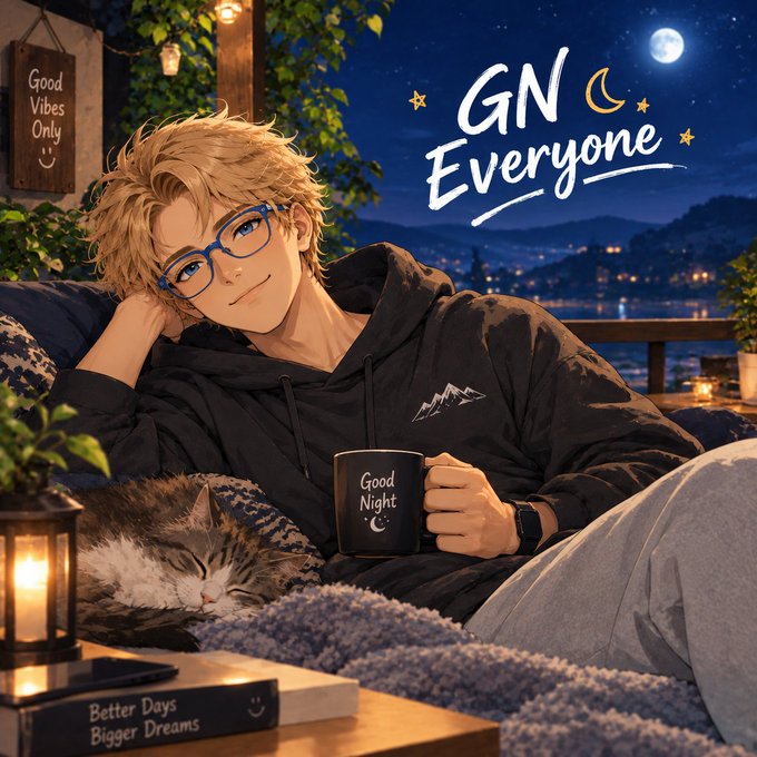 An anime-style illustration of a blonde-haired young man with glasses sitting under a starry night sky holding a 'Good Night' mug, with 'GN Everyone' written beside him.