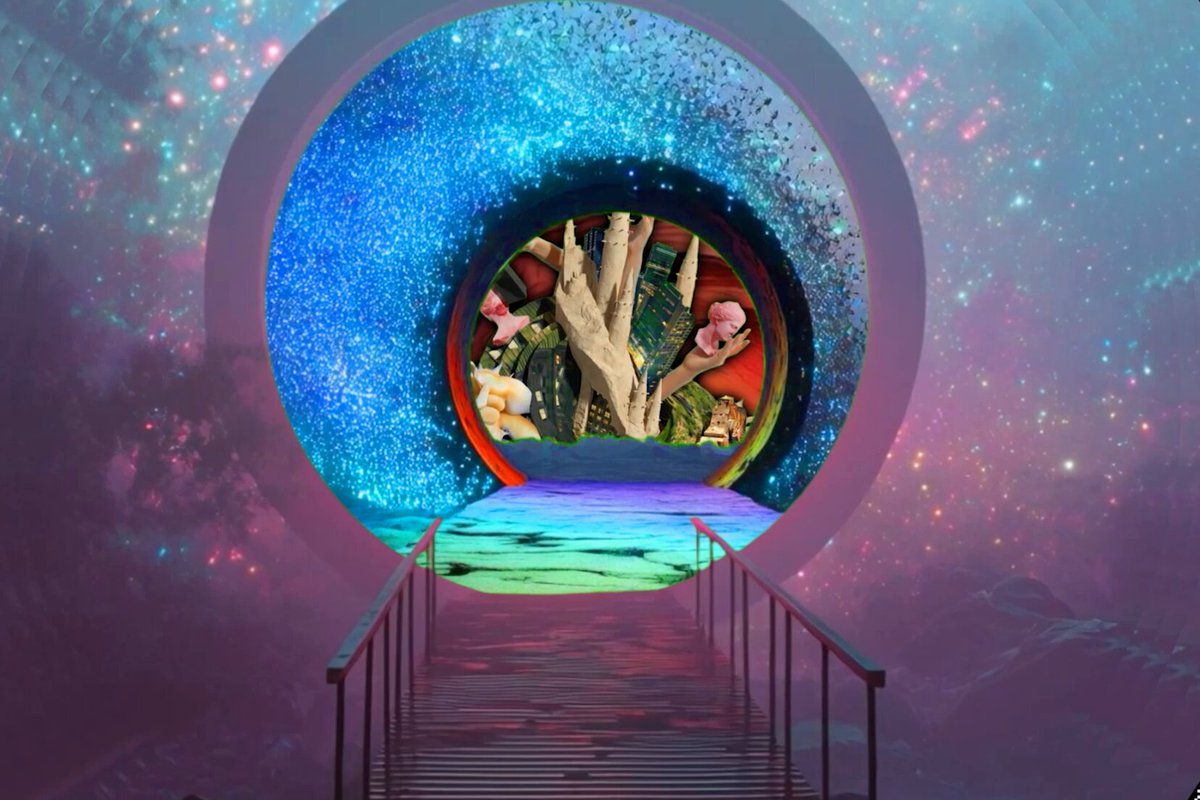 The image features a large, colorful portal that leads into an underwater scene with trees and other marine life. A bridge can be seen leading up to the entrance of the portal, which is located at the bottom center of the frame. The background is filled with stars and other celestial objects, creating a sense of depth and wonder. The image also includes text that reads "Still happy to have collected so many pieces from this wonderful curation".