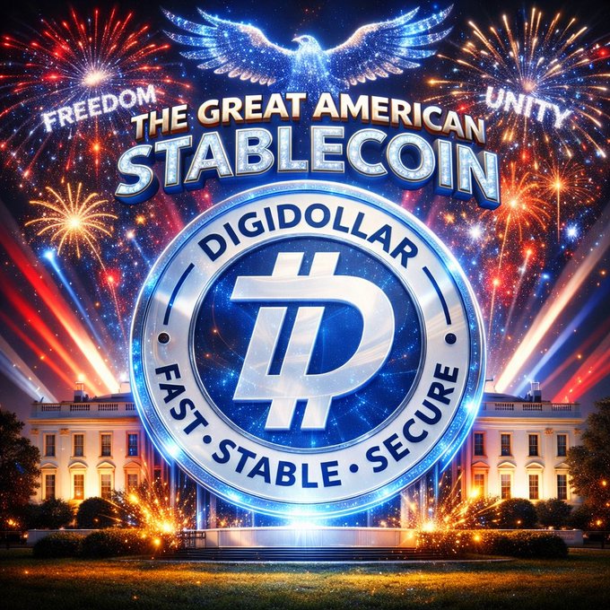The image features a large, blue circular logo with the words "The Great American Stable Coin" written above it. The logo is set against a backdrop of fireworks exploding in the sky behind the White House. The text "Fast, Secure, Stable" is also present on the image. This suggests that the image might be related to an advertisement or promotional material for DigiDollar, which could potentially be about Bitcoin and digital currency.
