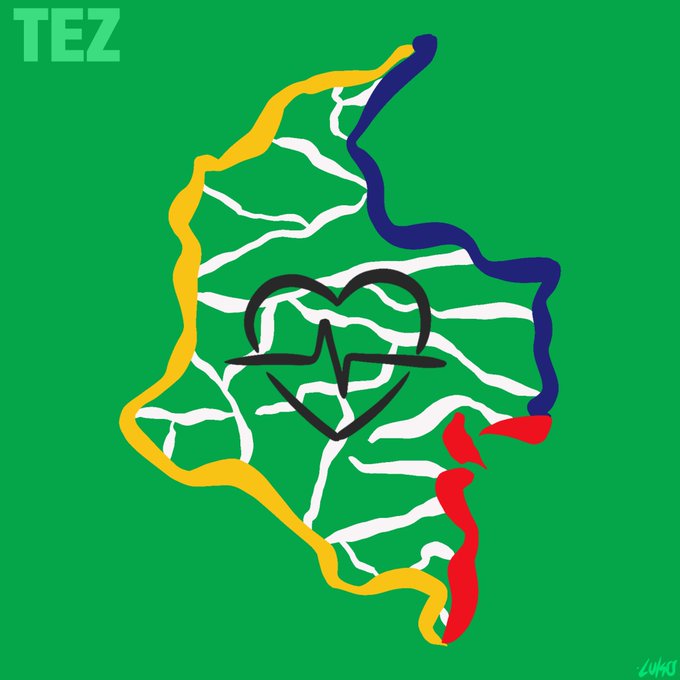 Digital artwork with a green background featuring a stylized outline map filled with yellow, blue, and red sections and white vein-like patterns, with a black heart and pulse line symbol in the center, labeled 'TEZ' in the corner.
