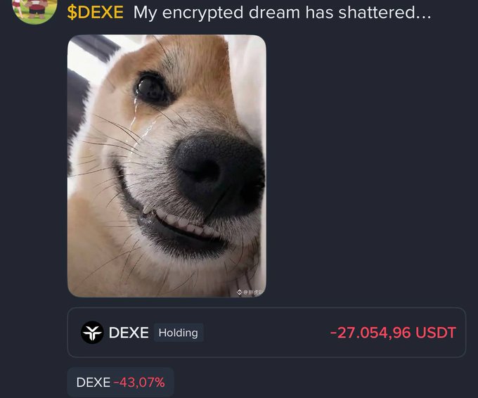A crying Shiba Inu meme accompanies the post's lament on $DEXE's collapse, showing a -27,054.96 USDT holding loss and -43.07% drawdown that visually represents the "burial" of low-conviction altcoin positions when liquidity exits.