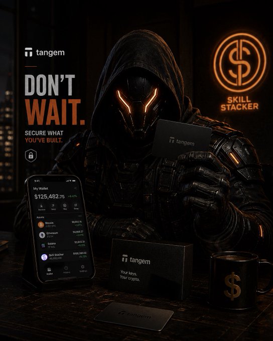 Tangem crypto hardware wallet advertisement featuring a hooded, futuristic figure with glowing orange mask holding a Tangem card, smartphone showing wallet balance of $125,482.75, and 'SKILL STACKER' text with 'DON'T WAIT. SECURE WHAT YOU'VE BUILT.'