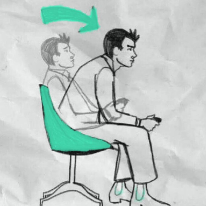 Pencil sketch meme illustration showing a man sitting on a chair with his back in an awkward hunched-over position, marked with green highlights and a curved arrow indicating the comedic angle.