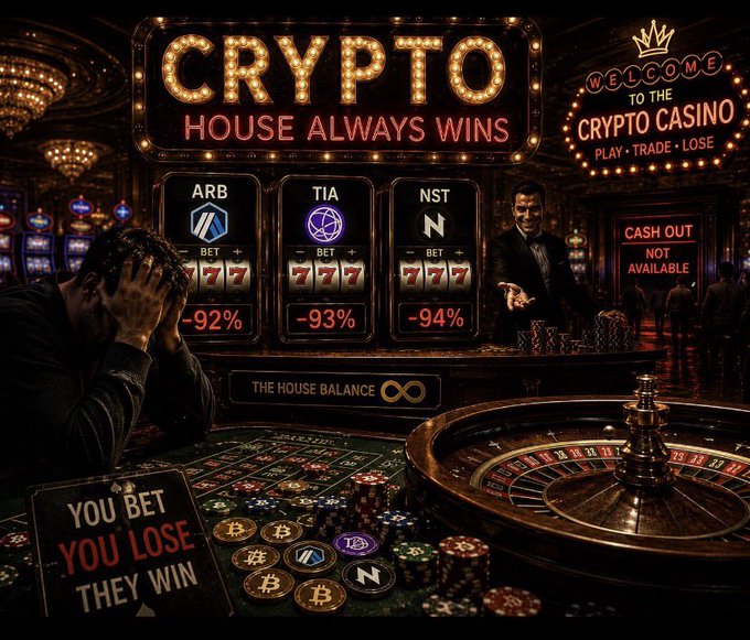 A casino-themed meme image featuring slot machines for ARB (-92%), TIA (-93%), and NST (-94%) with the text 'CRYPTO HOUSE ALWAYS WINS' and 'YOU BET YOU LOSE THEY WIN.'
