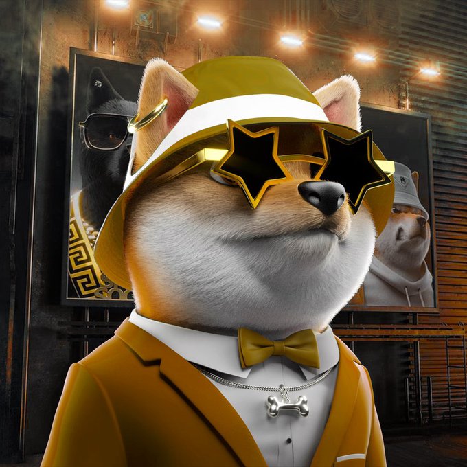 A digital illustration of a Shiba Inu dog wearing a gold suit, gold bow tie, star-shaped sunglasses, and a fedora, with a bone-shaped pendant necklace.