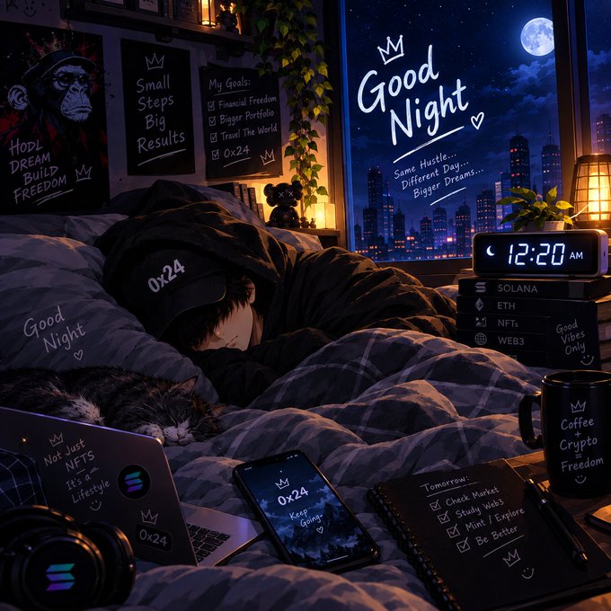 Anime-style illustration of a person sleeping in bed at night with a cat, featuring 'Good Night' text on the window, a clock showing 12:20 AM, and crypto-themed notes mentioning '0x24', Solana, ETH, NFTs, and 'Web3 Good Vibes Only'.
