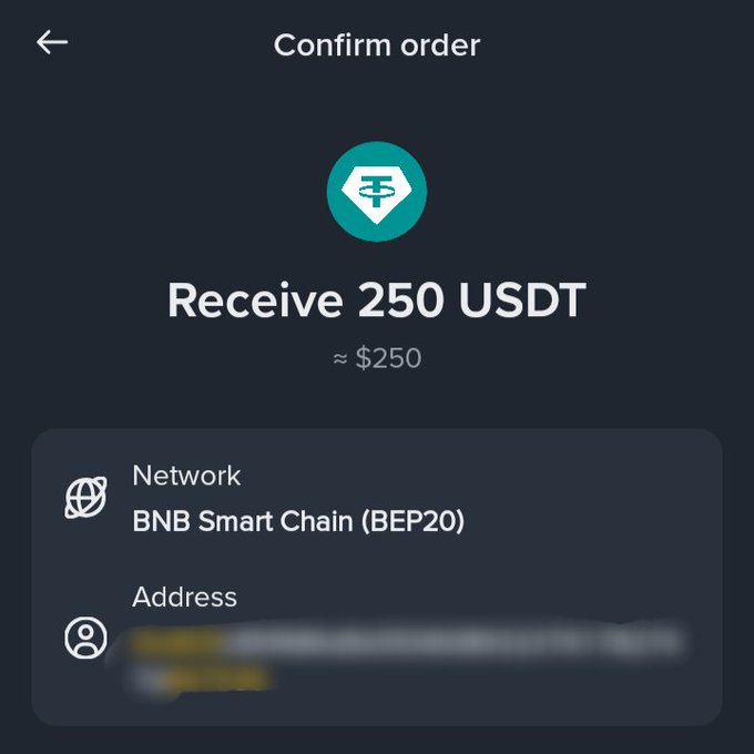 A crypto wallet 'Confirm order' screen shows a transaction to 'Receive 250 USDT' (approximately $250) via the BNB Smart Chain (BEP20) network, with the receiving address blurred out.