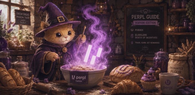 A whimsical wizard cat brews a magical purple potion labeled "perpl PUBDEX" in an enchanted bakery, surrounded by signs advertising "PERPL GUIDE HOPIIUM EDITION" and "$1,000,000 WORTH OF INCENTIVES," visually promoting Perpl Trade's public launch and token incentive campaign.