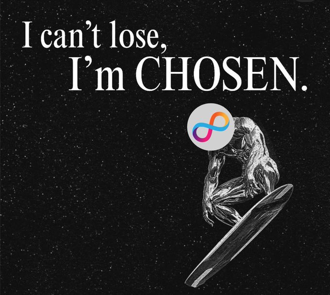The image shows a gray and black graphic with an illustration of a man riding a surfboard against a starry background, with the text "I can't lose, I'm chosen" written above him. The combination of colors used for the illustration creates a contrast that makes it stand out. Additionally, there is an abstract symbol in the shape of a square and a floating letter "I" within the wave-like pattern on the surfboard, adding to its artistic appeal.