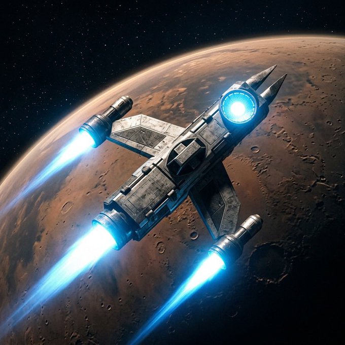 A futuristic spacecraft with glowing blue thrusters propels itself toward Mars, its rugged metallic hull set against the rust-colored, cratered planet below. The image visually reinforces the "To Mars, $ELON" post, symbolizing humanity's—particularly Elon Musk's—ambitious push toward interplanetary exploration.