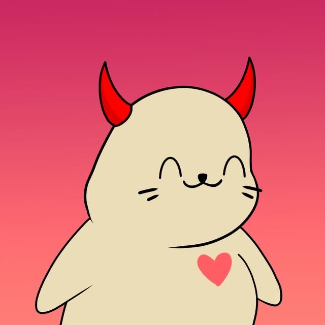 A cartoon illustration of a smiling cream-colored cat-like creature with red horns and whiskers, featuring a small red heart on its chest against a pink gradient background.