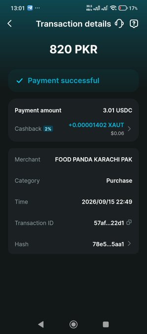 A mobile screenshot of a transaction details page showing a successful payment of 820 PKR (3.01 USDC) to merchant 'FOOD PANDA KARACHI PAK' with a 2% cashback, dated 2026/09/15.