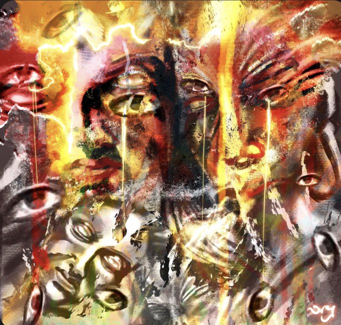 A vibrant, surreal artwork of overlapping faces with melting and dripping features rendered in fiery reds, yellows, and dark tones, evoking dreamlike, chaotic energy. The post credits artist @abhroernesto, tying into the "Good night vibes" caption, while "THE ETERNAL BOND" and the XRP Cafe link suggest the piece connects to a themed NFT collection.