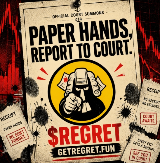 A meme-style poster titled 'OFFICIAL COURT SUMMONS' reading 'PAPER HANDS, REPORT TO COURT.' with $REGRET and 'GETREGRET.FUN' displayed prominently alongside receipts and fingerprint graphics.