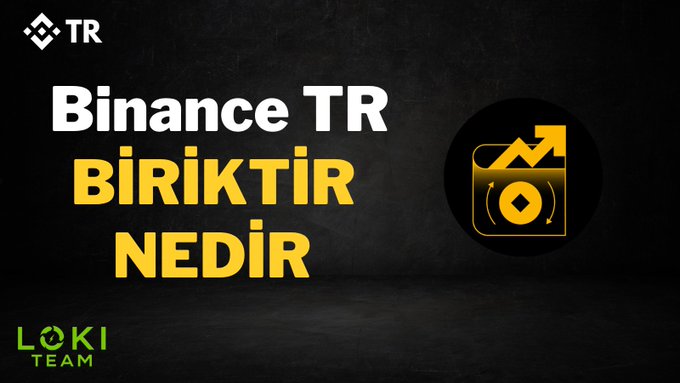 The image displays a Turkish-language promotional graphic titled "Binance TR BİRİKTİR NEDİR" (which translates to "What is Binance TR Biriktir"), featuring the Binance TR logo at the top and a yellow savings/growth icon with an upward arrow next to a diamond symbol. It connects to the caption by introducing Binance TR's "Biriktir" (savings) feature—a platform users can utilize to earn high APR on their crypto holdings like USDT during market downturns.