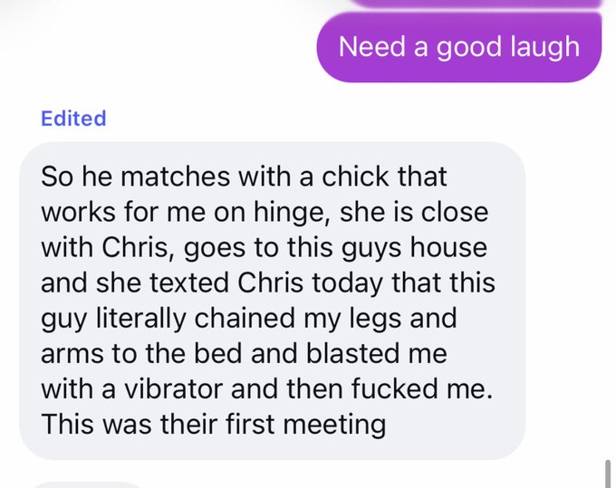 The image shows a text message conversation where a person shares a shocking story about a coworker who, on a Hinge first date, was allegedly chained to a bed and assaulted with a vibrator, captioning it as evidence of "a freak show" on the dating app.