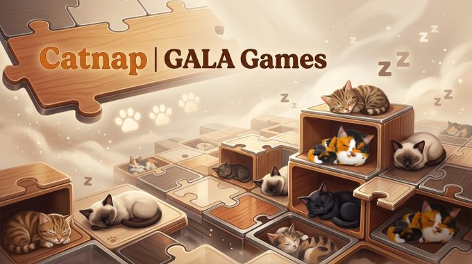 This image visually represents "Catnap," a daily logic puzzle by GALA Games, featuring adorable sleeping cats nestled within puzzle-like structures.