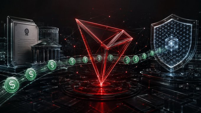 A glowing red 3D Tron logo is centered between a stack of encrypted documents on the left and a digital shield icon on the right, with a stream of green dollar-sign coins flowing across the scene—symbolizing the heavy USDT transfer activity and security considerations highlighted in TRON's Q2/2026 report.