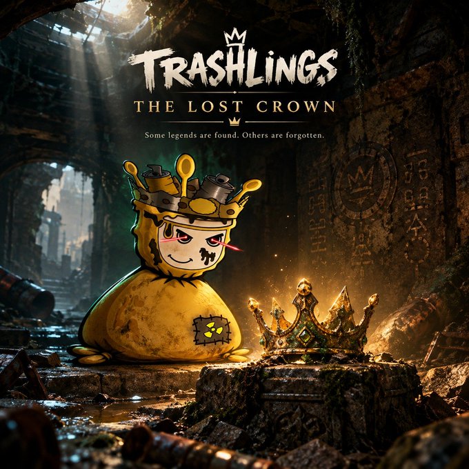 Cover art for the game 'TRASHLINGS: THE LOST CROWN' with the tagline 'Some legends are found. Others are forgotten.', depicting a yellow trash bag character with a crown and a menacing expression in a dark, ruined environment next to a jeweled crown.