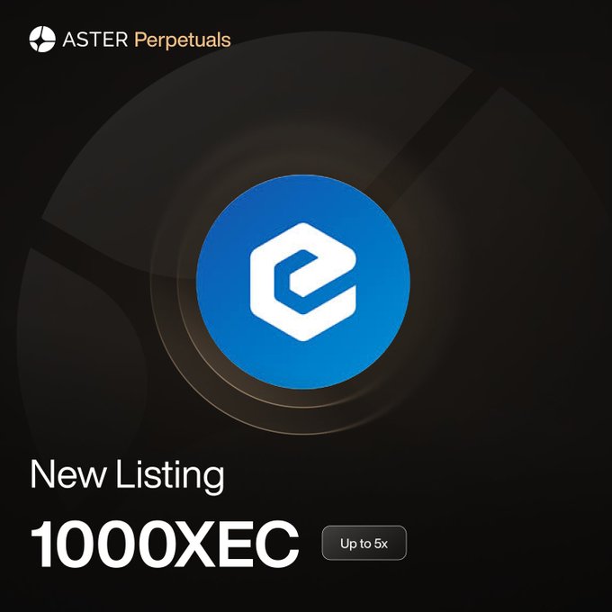 A promotional graphic from Aster Perpetuals announcing a new listing for the 1000XEC trading pair (up to 5x leverage), featuring the eCash coin logo in blue and white—aligning with the post's announcement of the new perpetual futures listing for $XEC.