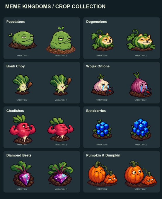 A promotional image titled "MEME KINGDOMS / CROP COLLECTION" displaying eight pixel-art crops—including Pepetatoes, Dogemelons, Bonk Choy, Wojak Onions, Chadishes, Baseberries, Diamond Beets, and Pumpkin & Dumpkin—each shown in two variations to advertise the upcoming on-chain farming game at memes500.io. The Dogemelons crop directly ties into the post's playful question "Want some Dogemelons?" promoting the Meme Kingdom project on the Base blockchain.