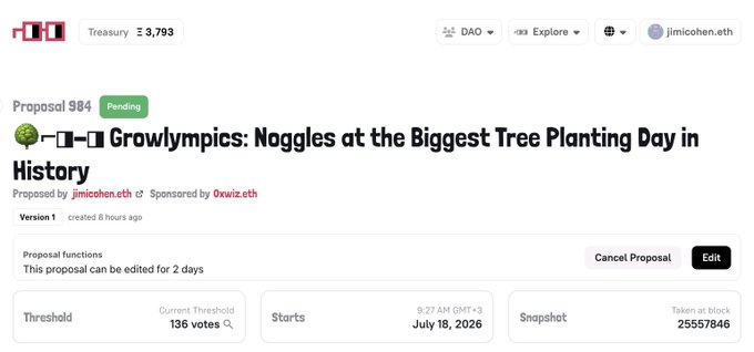 Screenshot of a DAO governance proposal page showing 'Proposal 984 - Growlympics: Nogglet at the Biggest Tree Planting Day in History' by jimicohen.eth, sponsored by 0xwiz.eth, with a treasury of 3,793 and 136 current threshold votes.