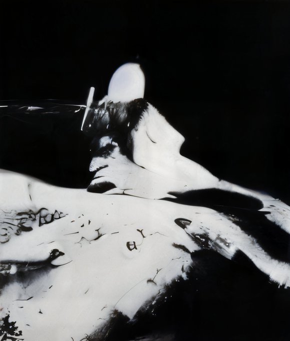 A grainy, black-and-white surrealist photograph featuring abstract, undulating white forms that resemble a distorted body or landscape against a dark background.