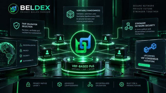 A promotional graphic for "BELDEX" with the tagline "PRIVACY BUILDS FREEDOM" highlights features like "VERIFIABLE RANDOMNESS," "FAIR VALIDATOR SELECTION," and "STRONGER NETWORK SECURITY," centered around a "VRF-BASED PoS" hub.