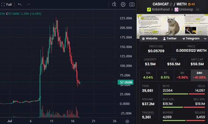 Cryptocurrency trading chart for CASHCAT (WETH pair) showing a sharp spike and steep decline from ~$225M to ~$57M, with a 24-hour change of -41.88% and market cap of $56.5M.
