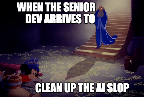 The image features a meme with a cartoon mouse sitting on a step, appearing as if he has been locked up by an AI (Artificial Intelligence). The caption of the meme reads "When the senior dev arrives to clean up the AI slit".