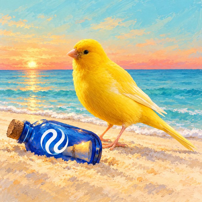 A painted illustration of a bright yellow canary perched on a blue glass bottle with a white swirl logo, set against a beach sunset scene with ocean waves.