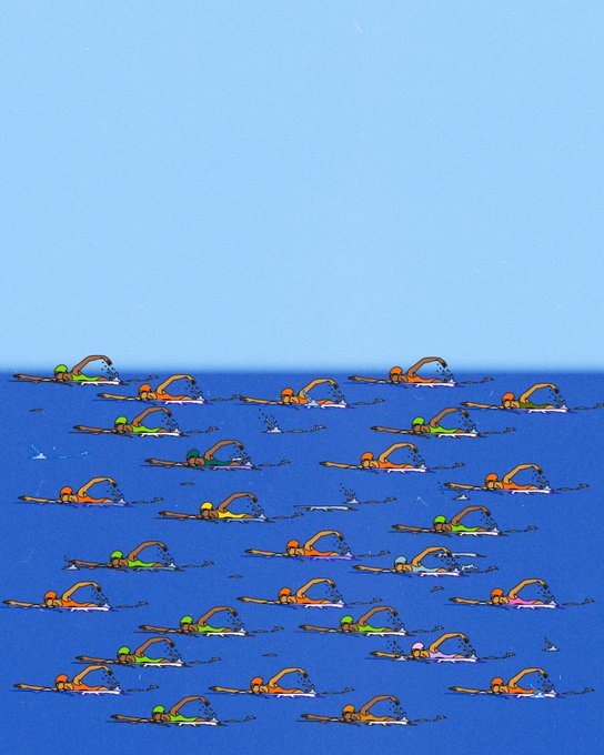 A surreal illustration of numerous swimmers in orange and green caps floating in an expansive blue sea under a clear sky.