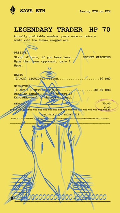 A yellow trading card labeled "LEGENDARY TRADER HP 70" featuring a sketched figure and stats like "POCKET WATCHING" and "LIQUIDITY VISION," branded with "SAVE ETH" at the top. It serves as a preview of the upcoming NFT collection, with the backer’s wallet or ENS name set to be inscribed directly onto the artwork upon its Thursday noon EST launch.