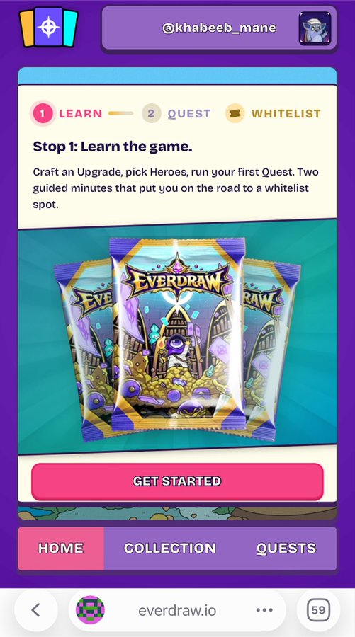 A mobile game interface for 'Everdraw.io' (whitelisted as @khabeeh_mane) shows 'Stop 1: Learn the game,' instructing players to craft an Upgrade and pick Heroes to qualify for a whitelist spot.