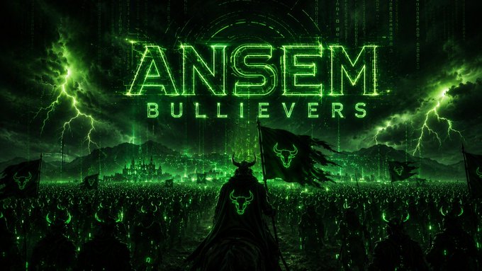 A dramatic green-themed graphic featuring the text 'ANSEM BULLIEVERS' over a fantasy army scene with a horned warrior holding a bull flag, lightning, and a glowing green city in the background.