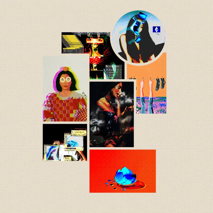 A digital collage featuring various artistic images including a glitch-art portrait, a figure with a bottle, and abstract paintings arranged on a textured beige background.