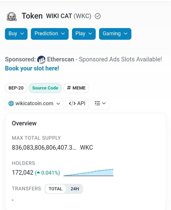 A cryptocurrency listing page for 'Token WIKI CAT (WKC)' showing token details including a max total supply of 836,083,806,806,407.3 WKC and 172,042 holders, with BEP-20 and #MEME tags.