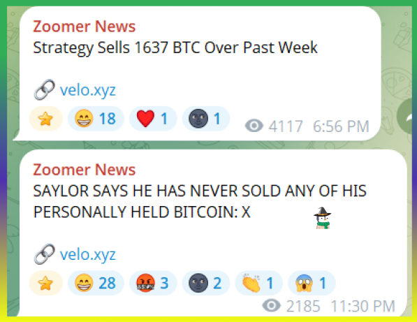 The image shows two Telegram posts from "Zoomer News" sharing a contradiction: one headline announces "Strategy Sells 1637 BTC Over Past Week," while another features Saylor claiming "SAYLOR SAYS HE HAS NEVER SOLD ANY OF HIS PERSONALLY HELD BITCOIN," highlighting the contrast between Saylor's personal holdings and his company Strategy's selling activity.
