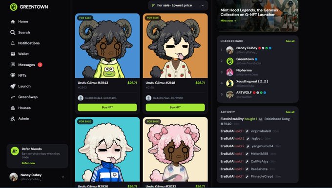 The image shows the GreenTown NFT marketplace interface displaying Urufu Genesis NFTs listed for sale at $26.71, including Urufu Gâmu #2943 and #2148, along with a leaderboard ranking Nancy Dubey first and Greentown second. This aligns with the post announcing that Urufu by @spoobsV1 is live on GreenTown, showcasing the marketplace where users can trade these NFTs for Green Points.