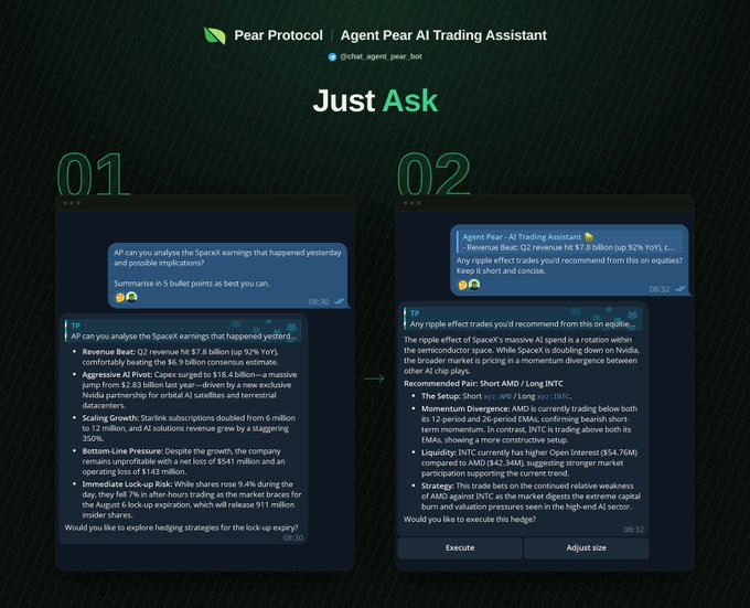 A promotional graphic for "Pear Protocol | Agent Pear AI Trading Assistant" on Telegram, displaying two example chat conversations analyzing SpaceX's earnings and recommending ripple effect trades.