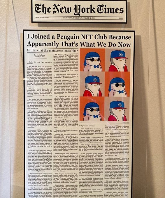 A front page of The New York Times featuring the headline "I Joined a Penguin NFT Club Because Apparently That's What We Do Now", accompanied by illustrations of cartoon penguins.