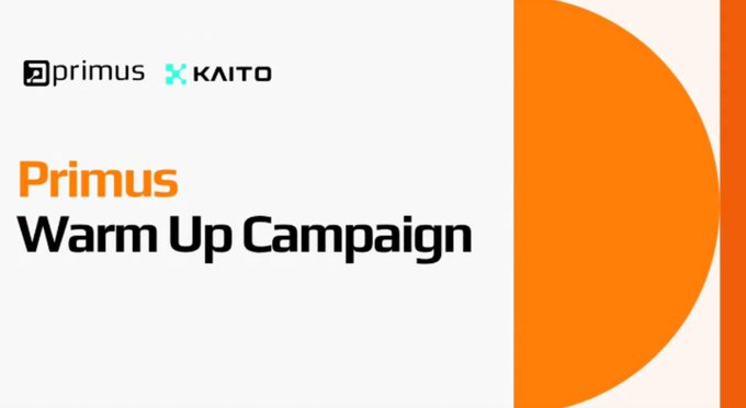A promotional graphic with "primus x KAITO" logos and text reading "Primus Warm Up Campaign" on a white and orange background.