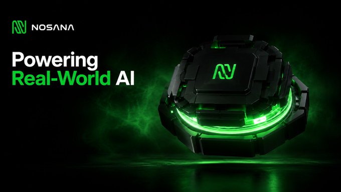 The image features a futuristic black and green mechanical device with the Nosana logo, alongside the text "NOSANA" and "Powering Real-World AI," visually reinforcing the post's message that Nosana's compute network is actively supporting practical AI applications across culture, science, and business, with $NOS tied to this working infrastructure.