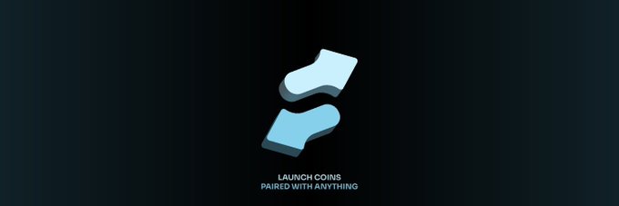 A dark-themed logo animation featuring a stylized 'S' shape in light blue and white, with the tagline 'LAUNCH COINS PAIRED WITH ANYTHING' below.