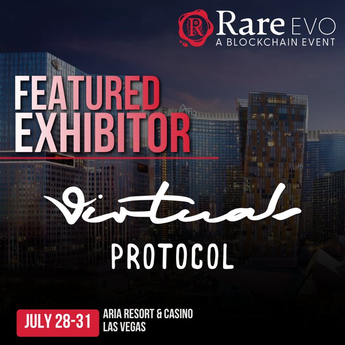 Promotional graphic for Rare EVO 2026 blockchain event announcing Virtuals Protocol as a Featured Exhibitor, taking place July 28-31 at Aria Resort & Casino in Las Vegas, set against a twilight cityscape backdrop.