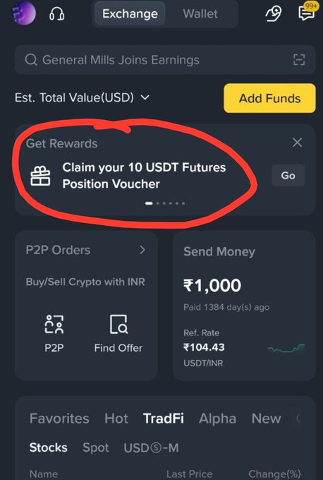 A screenshot of a cryptocurrency exchange app (Binance) highlighting a 'Claim your 10 USDT Futures Position Voucher' reward with a red circle.