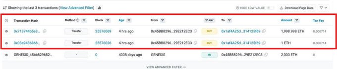 A blockchain transaction history page showing recent transfers including 1.998998 ETH and 1 ETH sent from one wallet to another (0x1a16425d...314125f69) on block 25576069.