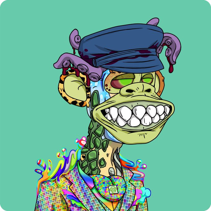 A digital illustration of a stylized, grotesque anthropomorphic turtle character with a wide toothy grin, wearing a blue cap and a colorful patterned suit against a teal background.