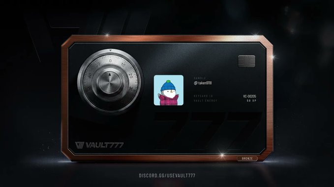 A sleek promotional graphic for "Vault777" featuring a metallic combination lock dial, an avatar (PFP) of a character in a blue beanie, and text details including "HANDLE @Luken788," "KEYLOAD 10 VAULT ENERGY," and "VC-00205 98 VP," with "DISCORD.GG/USEVAULT777" at the bottom. The image supports the post by visually showcasing the Vault777 digital vault/keycard concept being promoted as a seamless on-chain gambling and iGaming platform.